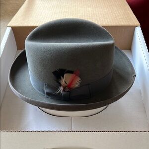 Gray Fedora Hat with Feather Accent